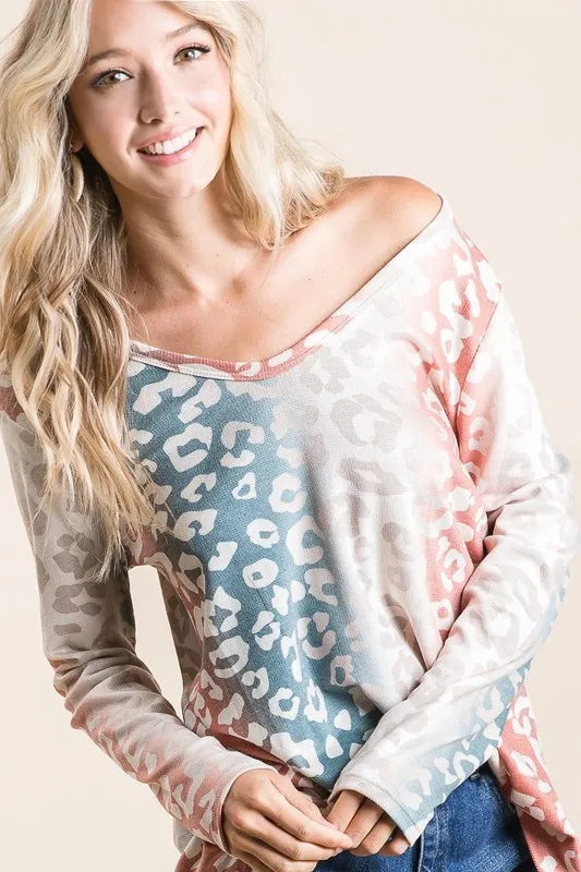 BiBi Gradation Leopard Print Textured Knit Top