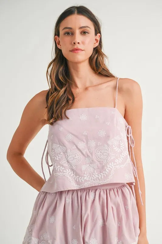 MABLE Embroidered Crop Cami and Balloon Mini Skirt Set