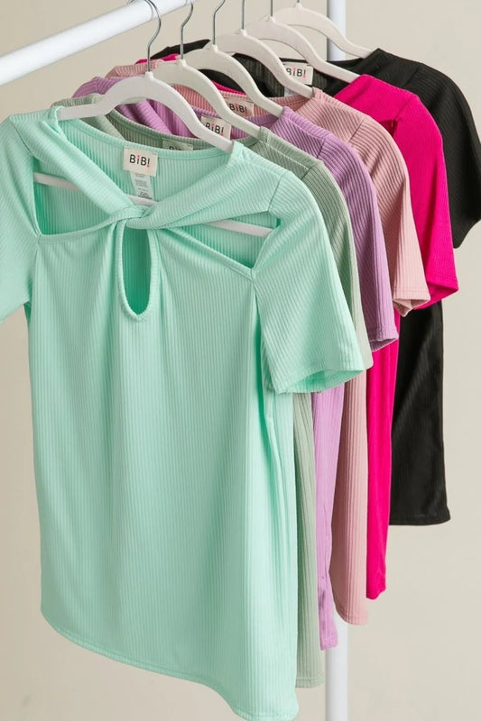 BiBi Rib Knit with Cut Out and Front Twist Detailed Top MINT