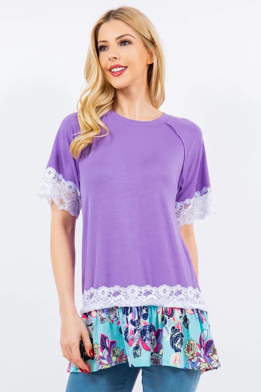 Celeste Full Size Lace Trim Short Sleeve Top Plus Size