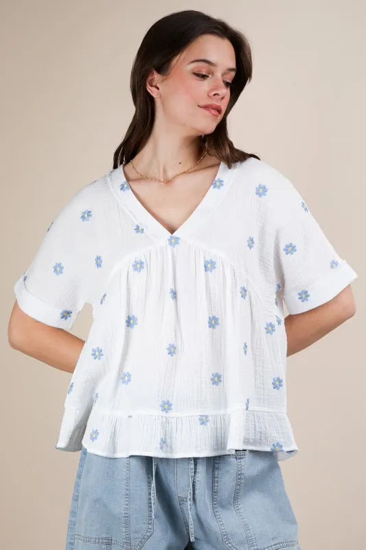 VERY J Flower Embroidered Woven Blouse