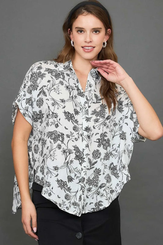 Umgee Full Size Two Tone Floral Print Top Plus Size Black