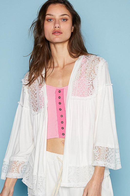 POL Open Front Lace Detail Cardigan Ivory