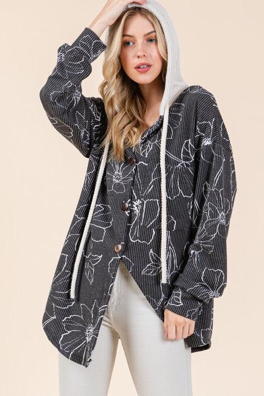 BOMBOM Drawstring Flower Print Button Up Shacket Black