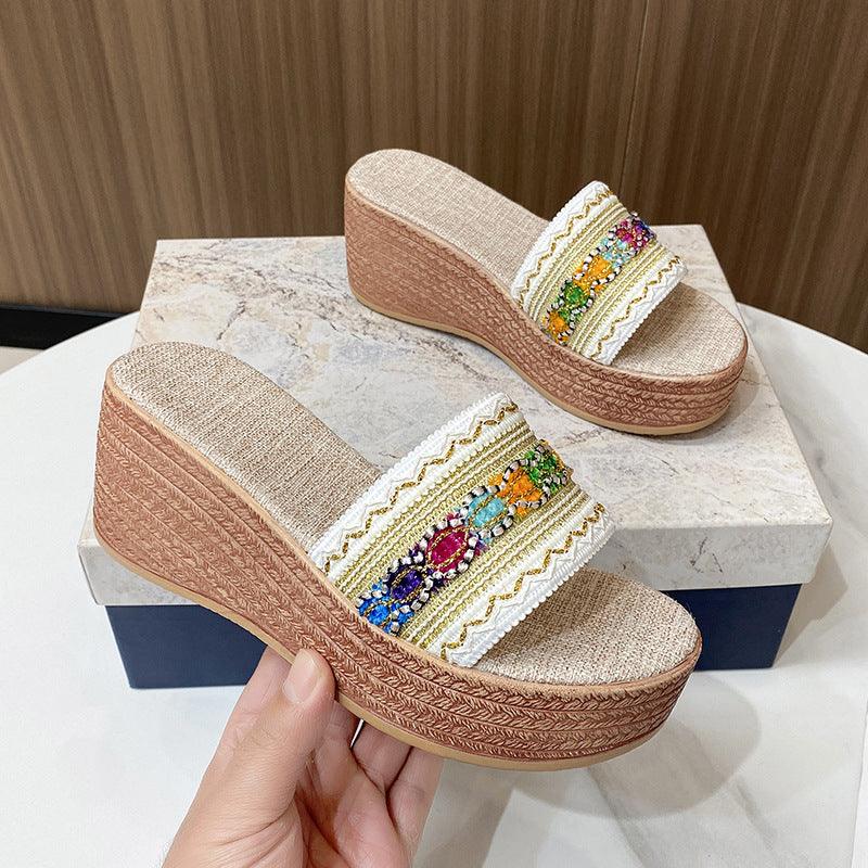 Contrast Cloth Wedge Sandals Beige