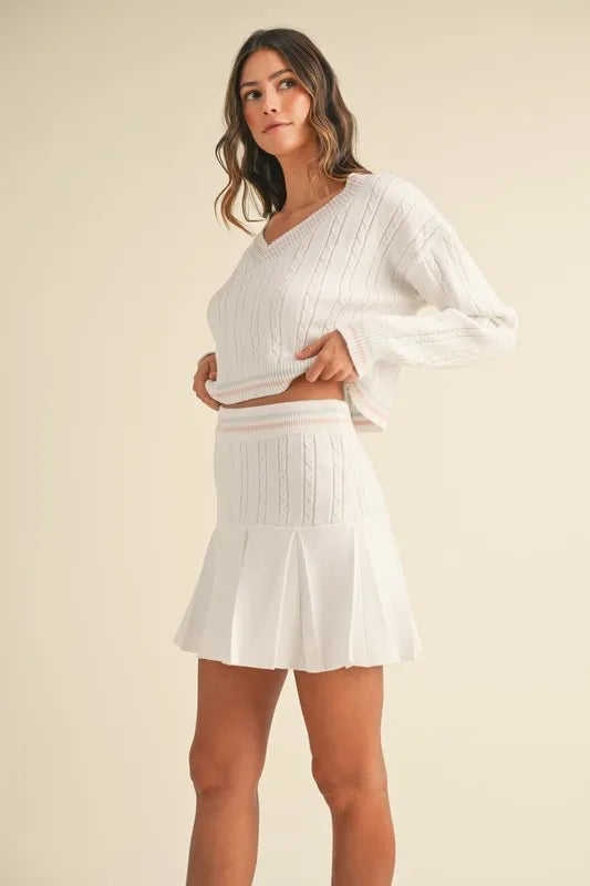 MABLE V-Neck Varsity Crop Knit Sweater and Skirt Set
