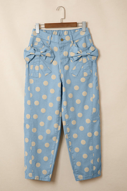 Polka Dot Denim Bow Pocket Barrel Leg Jeans