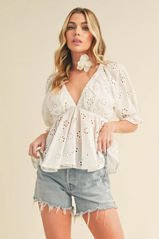 Aemi + Co Eyelet Embroidered V-Neck Half Sleeve Peplum Blouse White