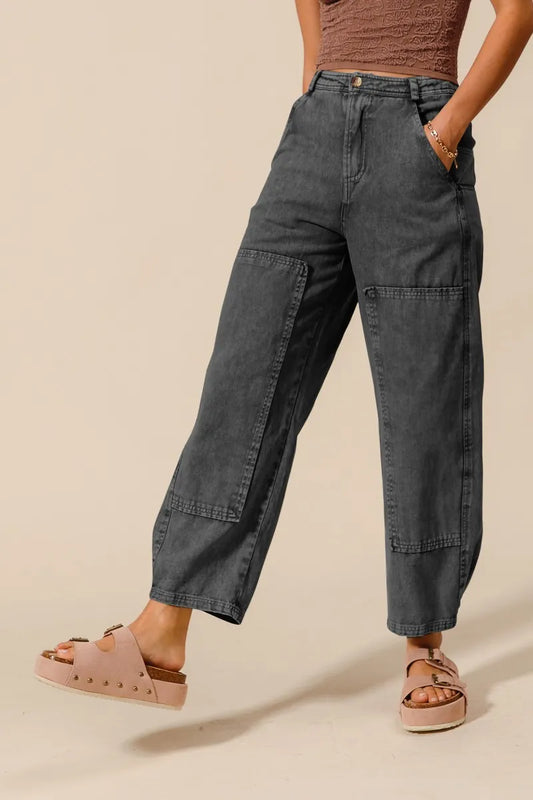 SO ME Mineral Washed Mid Rise Barrel Shape Pants CHARCOAL BLACK