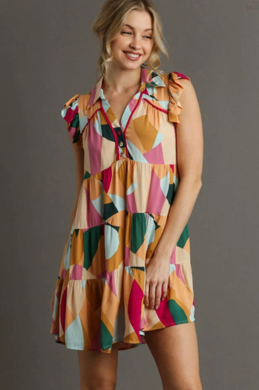 Umgee Full Size Button Detail Ruffle Sleeve Mini Dress Plus Size PEACH FUCHSIA