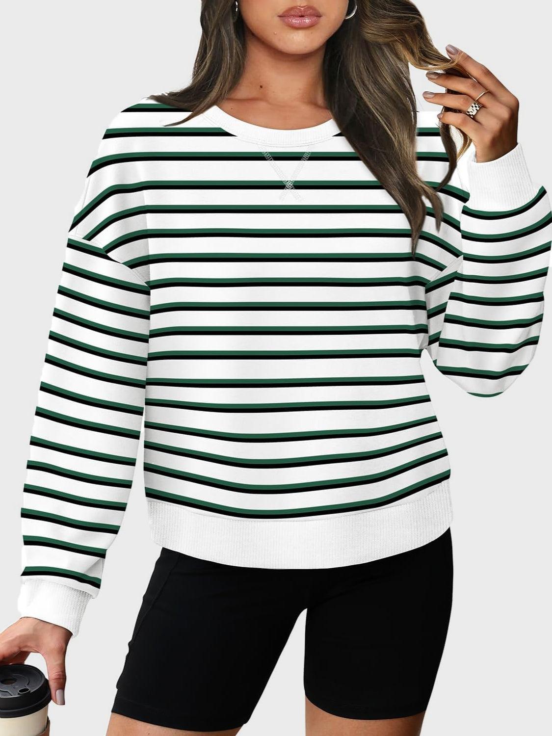 Lovelet Striped Round Neck Long Sleeve Sweatshirt Dark Green