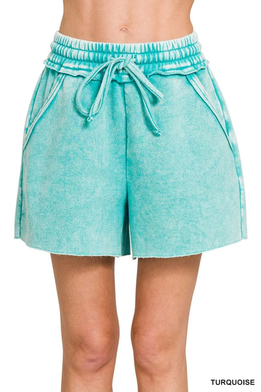 Zenana Acid Wash Fleece Drawstring Shorts With Pockets TURQUOISE