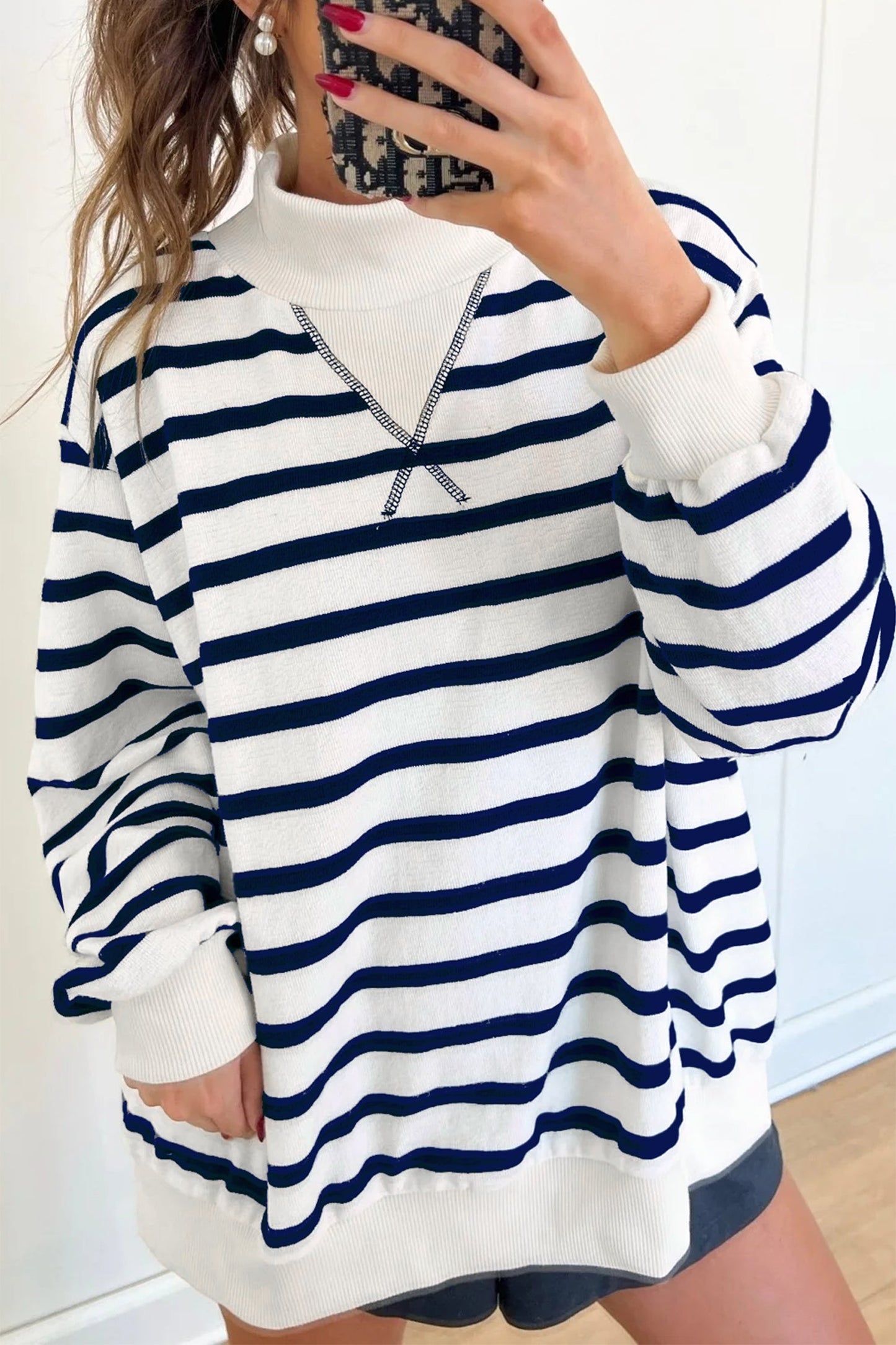 Stripe Ribbed Trim Stand Neck Long Sleeve Sweatshirt