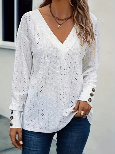 Eyelet V-Neck Long Sleeve Blouse White