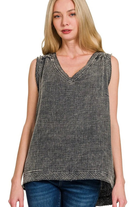 Zenana Double Gauze Raw Edge Acid Washed Tank ASH BLACK