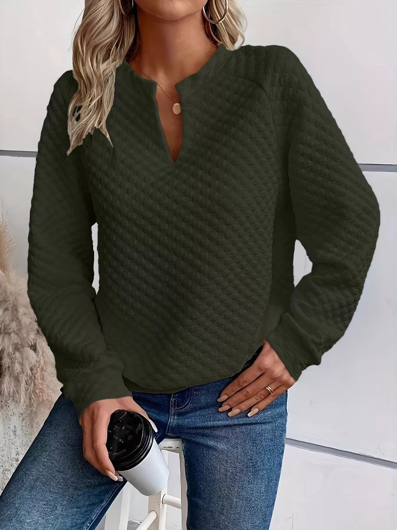 Quilted Texture Long Sleeve Sweatshirt with Notched Neck