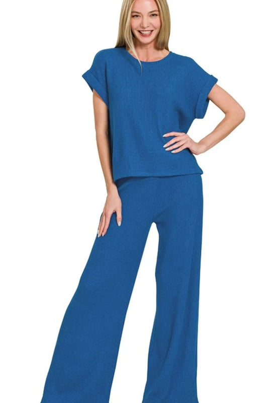 Zenana Rolled Sleeve Top and Pants Sweater Set CLASSIC BLUE