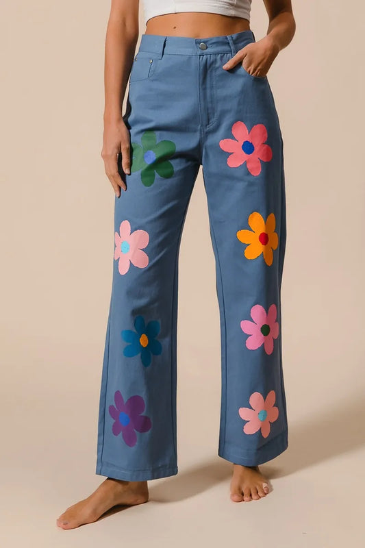 BiBi Flower Print Straight Legs Pants DENIM