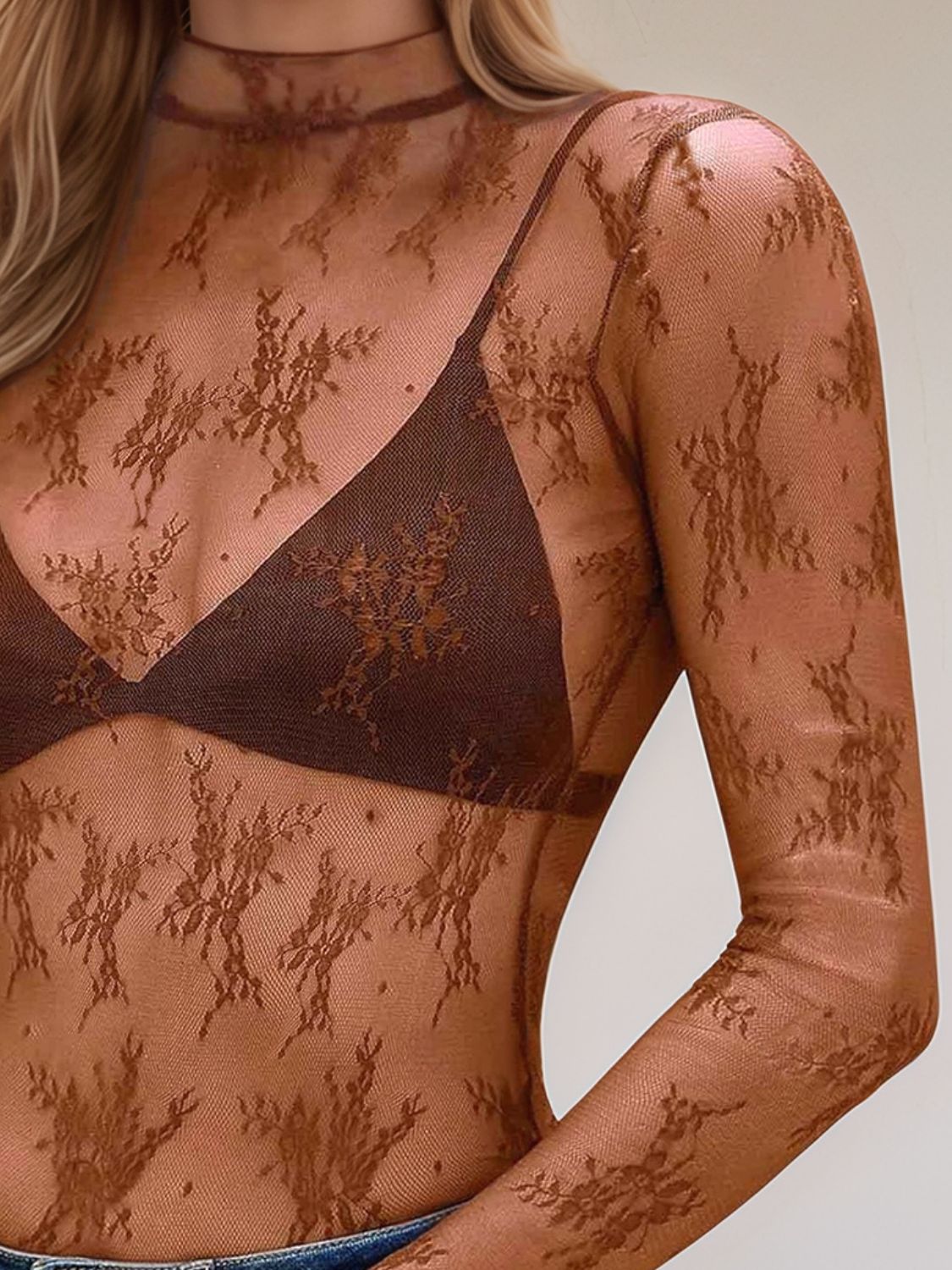 Floral Mock Neck Long Sleeve Mesh Top