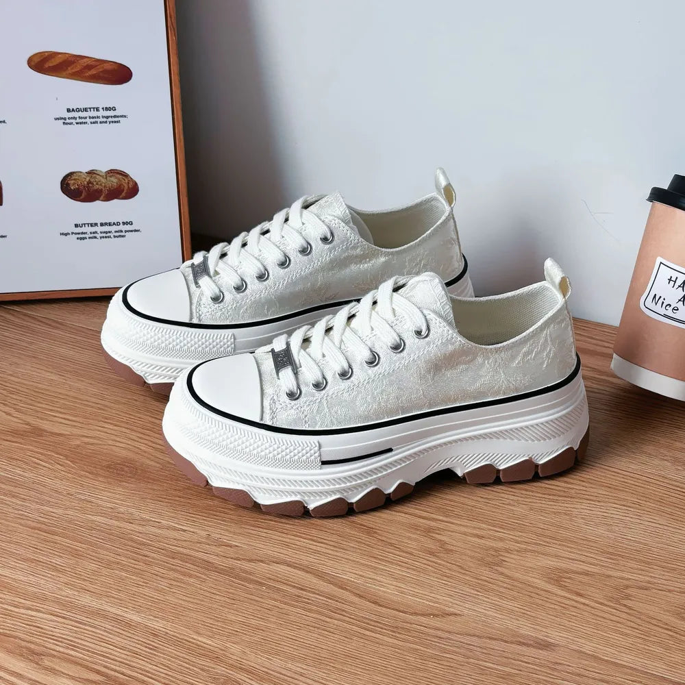 Lace-Up Canvas Platform Sneakers Beige