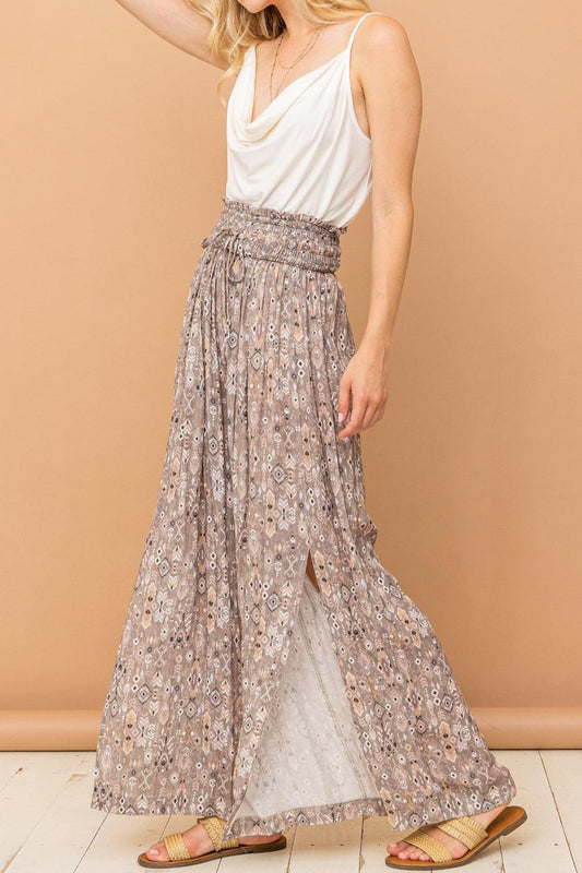 And The Why Printed Smocked Waist Slit Wide Leg Pants Grey