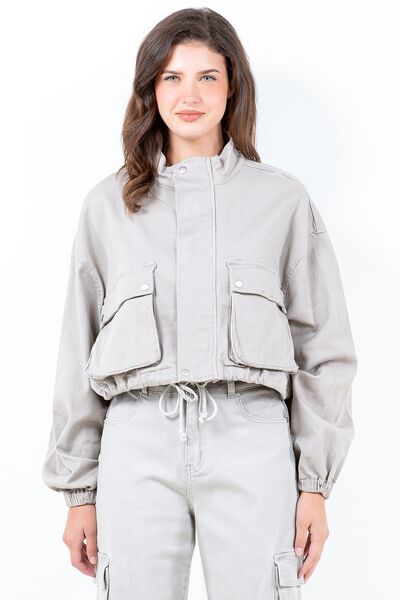 American Bazi Full Size Drawstring Hem Cargo Pocket Cropped Worker Jacket Plus Size