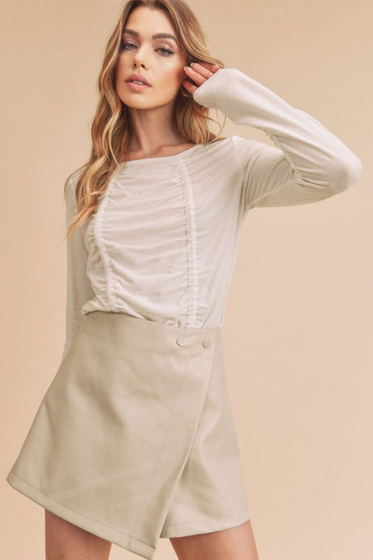 Aemi + Co Ruched Front Round Neck Long Sleeve T-Shirt White