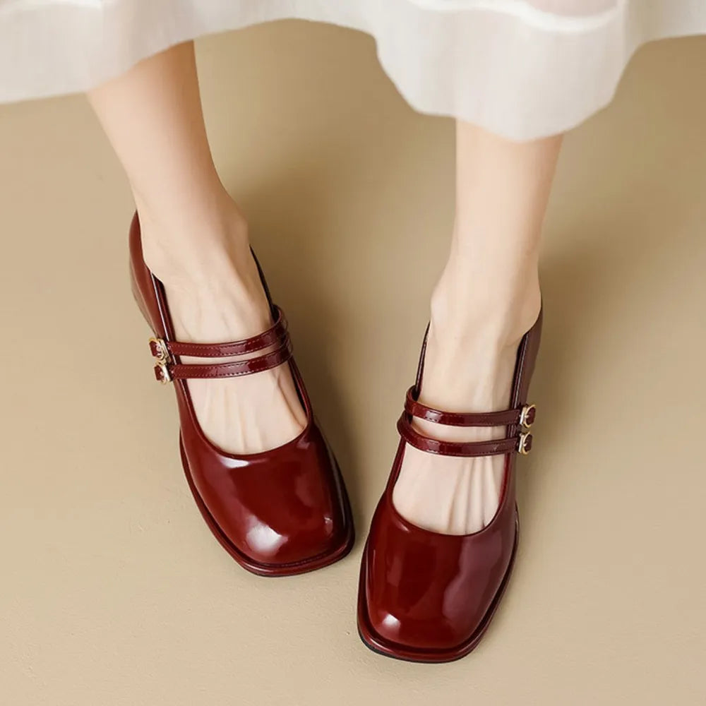 Double Buckle Strap Square Toe Mary Jane Heels Burgundy