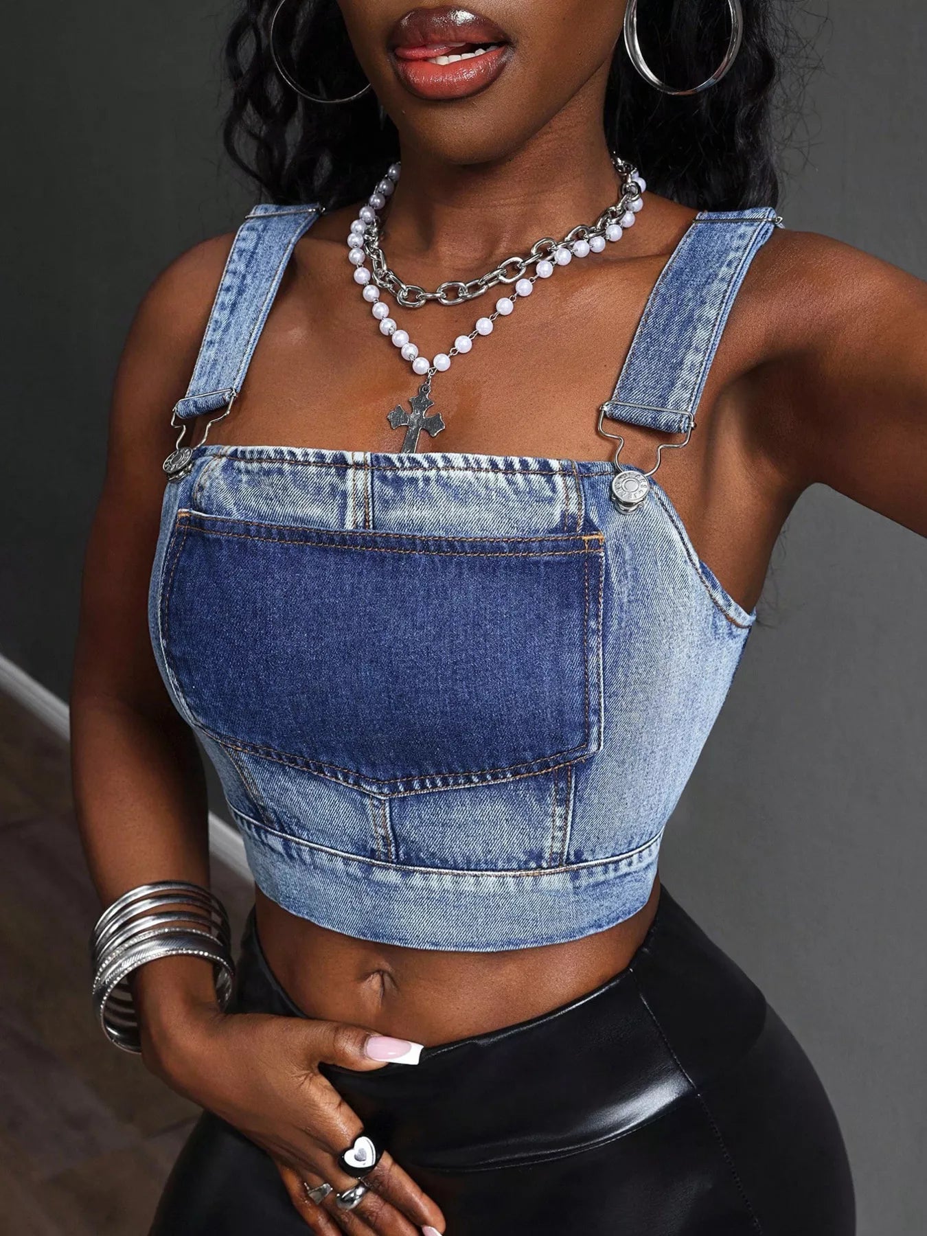 Cropped Denim Top with Adjustable Straps
