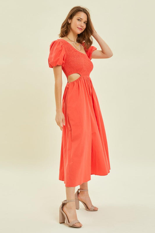 HEYSON Smocked Cutout Midi Dress Cherry Red