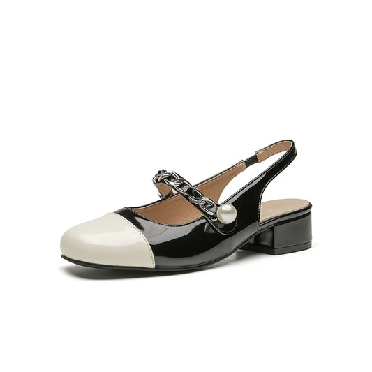 Contrast Round Toe Block Heel Mary Jane Shoes Black