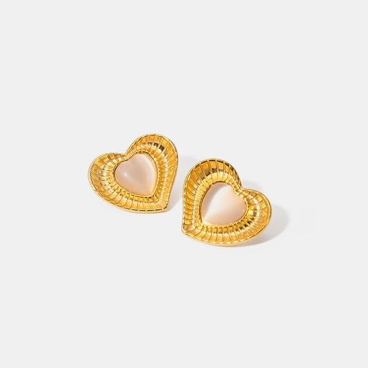 Stainless Steel Cat's Eye Stone Heart Earrings Gold One Size