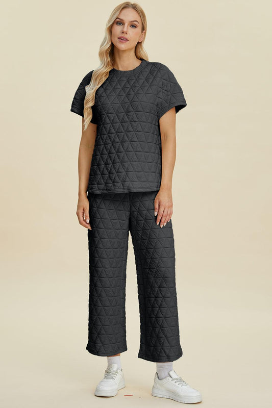 Double Take Full Size Texture Round Neck Short Sleeve Top and Pants Set Black