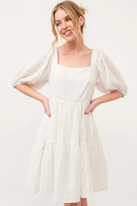 And The Why Square Neck Puff Sleeve Tiered Mini Dress Off White