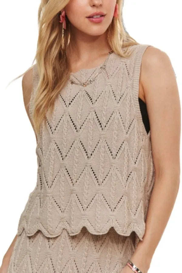 ADORA Crocheted Sleeveless Top with Scalloped Hem BEIGE