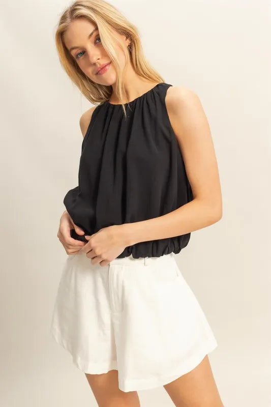 HYFVE Bubble Hem Round Neck Sleeveless Blouse Black