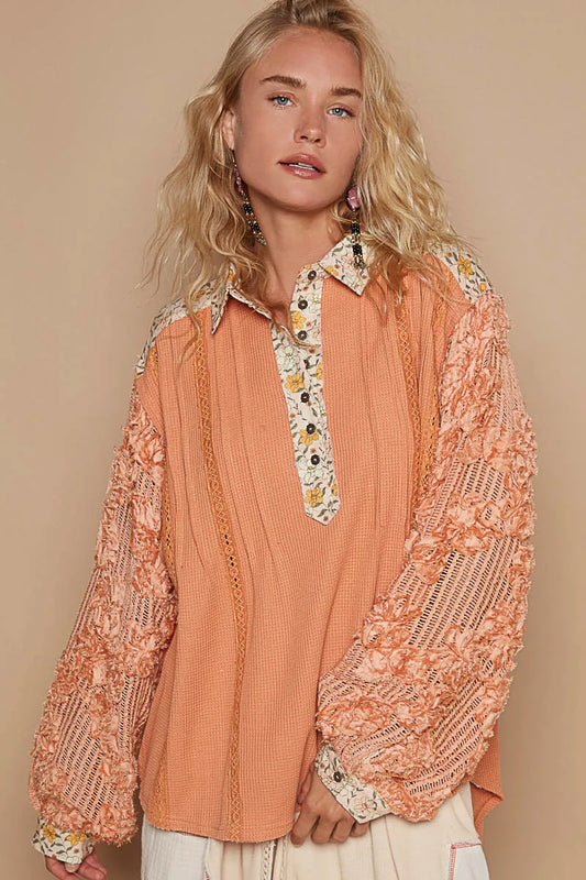POL Floral Half Button Lace Detail Long Sleeve Top Sherbet