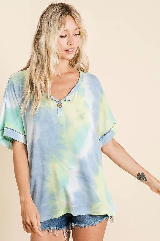 BiBi Tie Dye French Terry Top With Buttoned Placket
