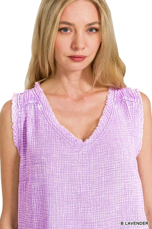Zenana Double Gauze Raw Edge Acid Washed Tank B LAVENDER