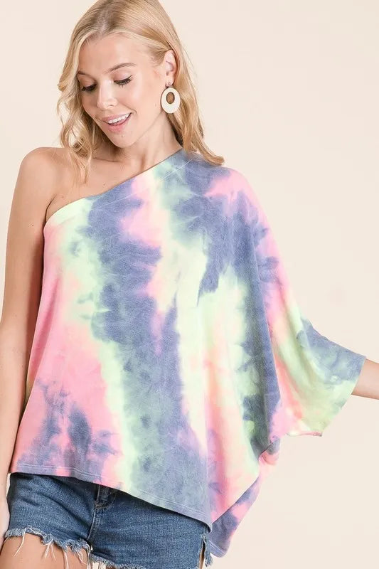 BiBi Tie Dye French Terry One Shoulder Top with Dolman CHARCOAL TIE DYE