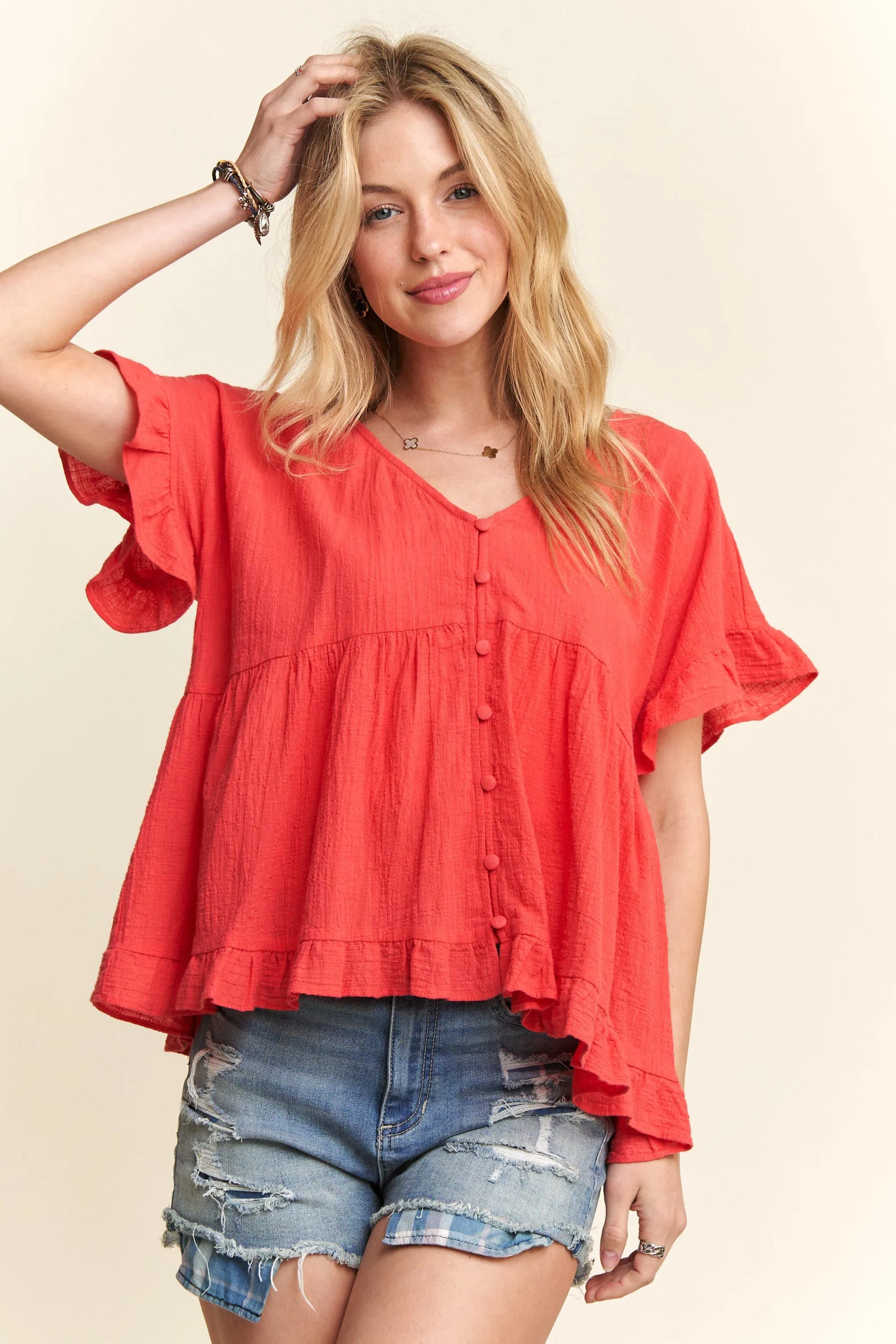 ADORA Button Down Ruffled Babydoll Blouse
