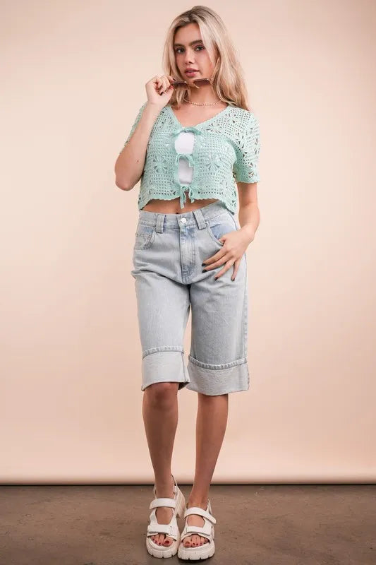 VERY J Front Tie Crochet Crop Top Mint