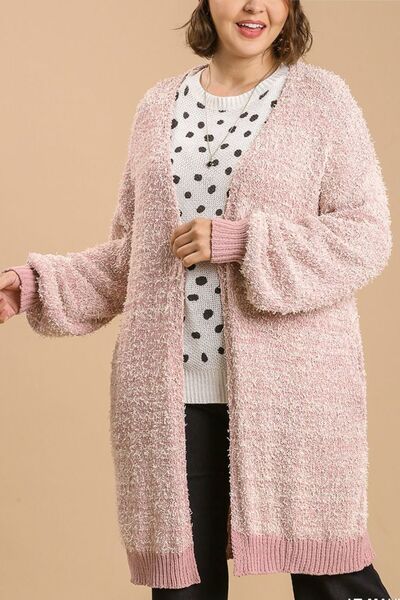Umgee Full Size Ribbed Hem Open Front Longline Cardigan Plus Size