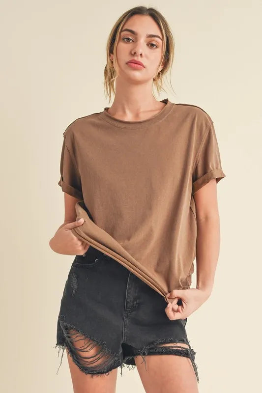 Aemi + Co Exposed Seam Round Neck Short Sleeve T-Shirt Caramel