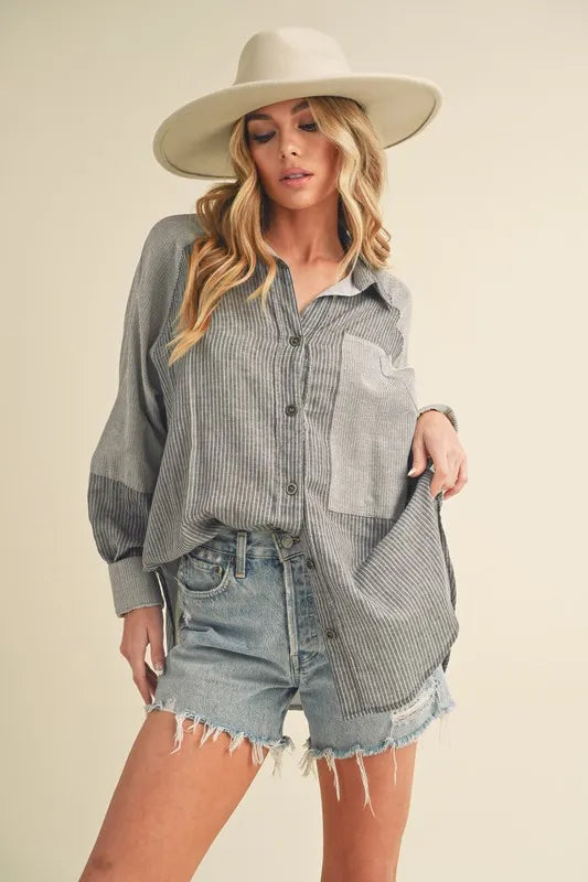 Aemi + Co Striped Collared Neck Lantern Sleeve Shirt