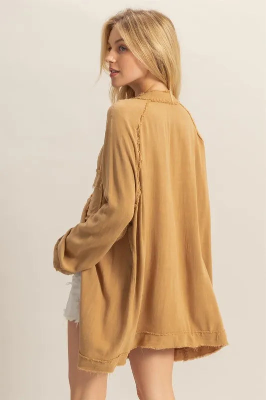 HYFVE Raw Edge Button Down Raglan Sleeve Shirt