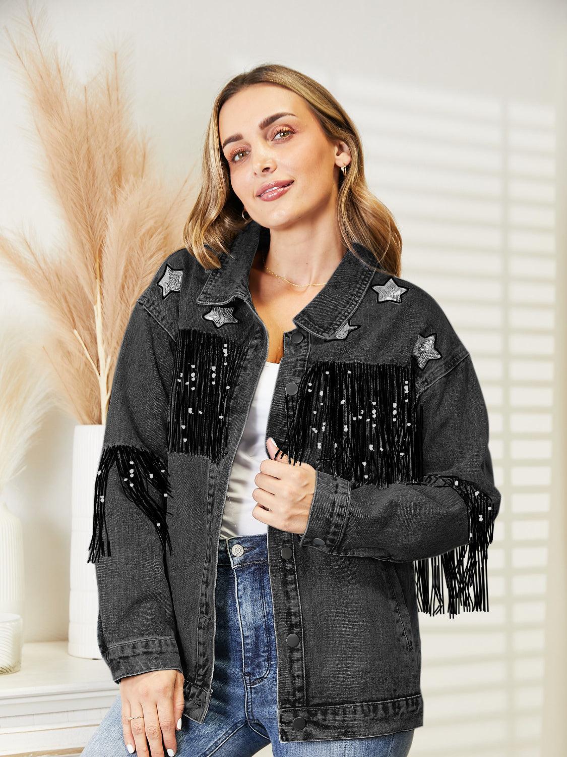 Fringe Detail Long Sleeve Denim Jacket Black