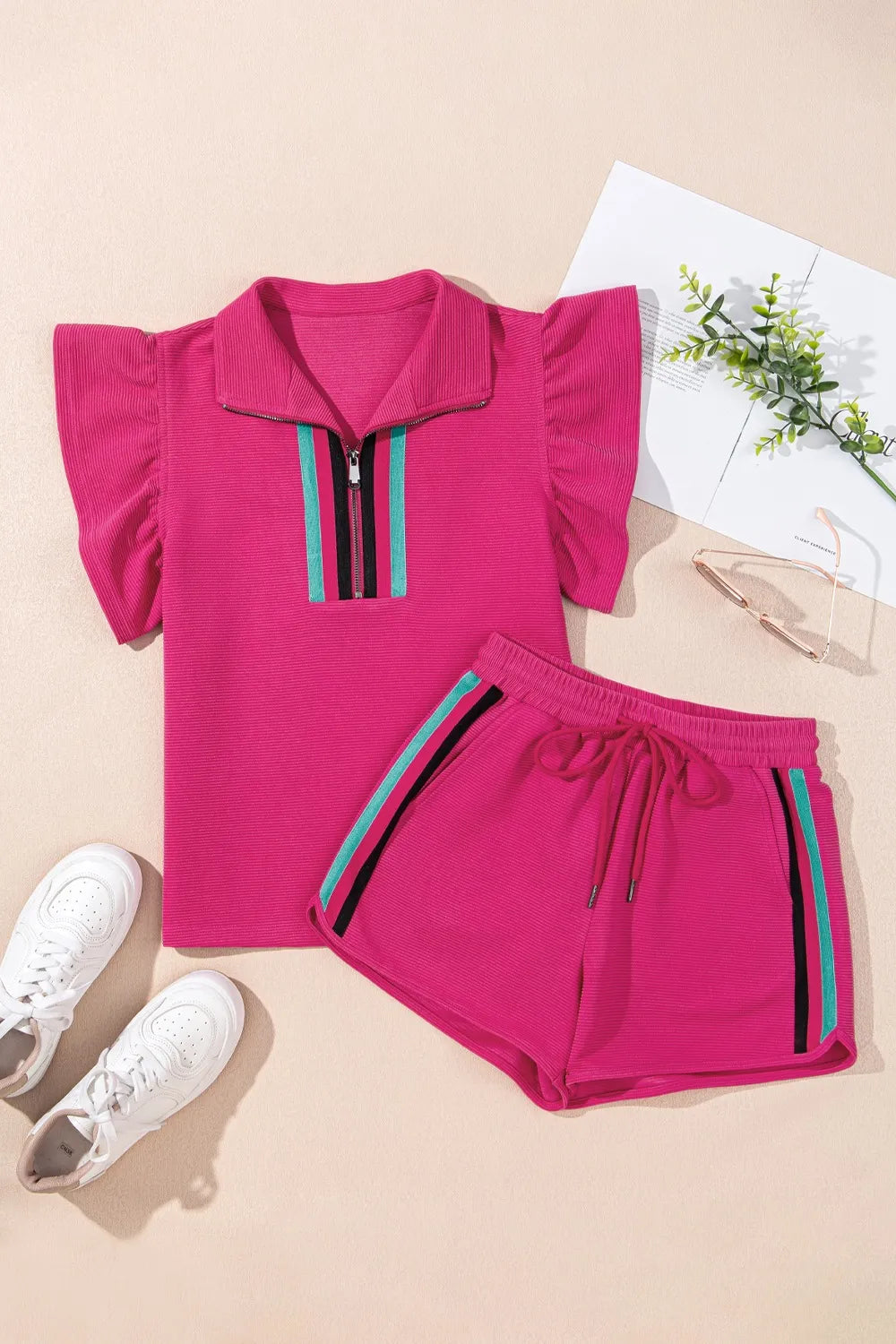 Striped Detail Flutter Sleeve Zipped Collar Top and Short Set