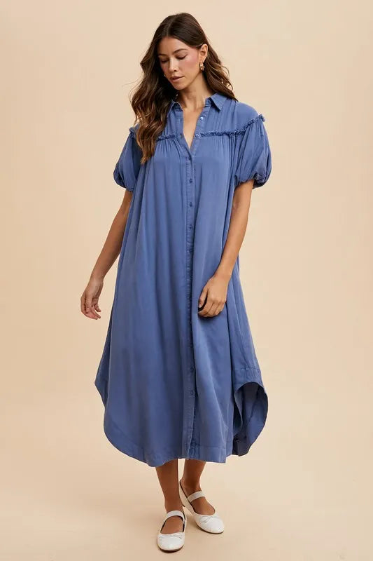 Annie Wear Mineral Washed Button Down Puff Sleeve Shirt Dress Peacock Blue