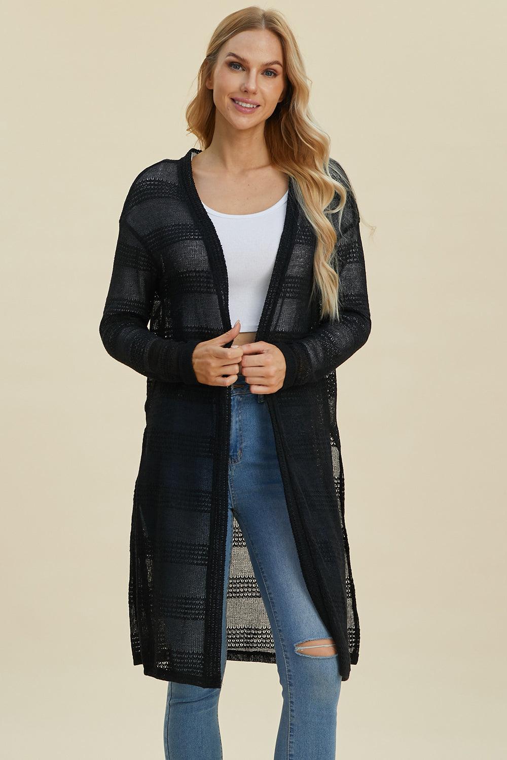 Double Take Full Size Open Front Longline Cardigan Black